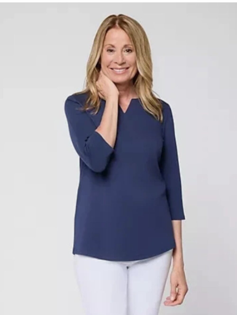 Denim & Co. Essentials Favorite Jersey 3/4 Sleeve Split Neck Top-Navy-XS-A732156